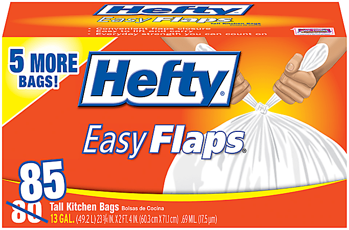 Hefty® EasyFLAPS Trash Bags, Tall Kitchen, White, 13 Gallons, Box Of 85