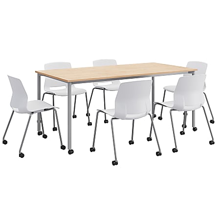 KFI Studios Dailey Table Set With 6 Caster Chairs, Natural/Gray Table/White Chairs