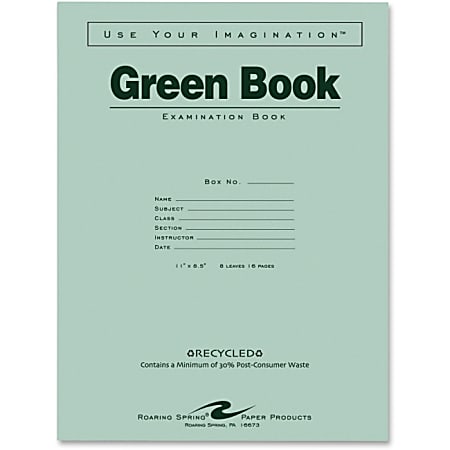 Roaring Spring Recycled Wide Ruled Exam Green Book - 8 Sheets - Printed - Stapled - 15 lb Basis Weight 11" x 8.50" - White Paper - Green Cover - Recycled - 1Each