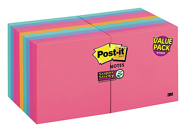 Post-it Super Sticky Notes, 3 in x 3 in, 18 Pads, 90 Sheets/Pad, 2x the Sticking Power, Assorted Colors