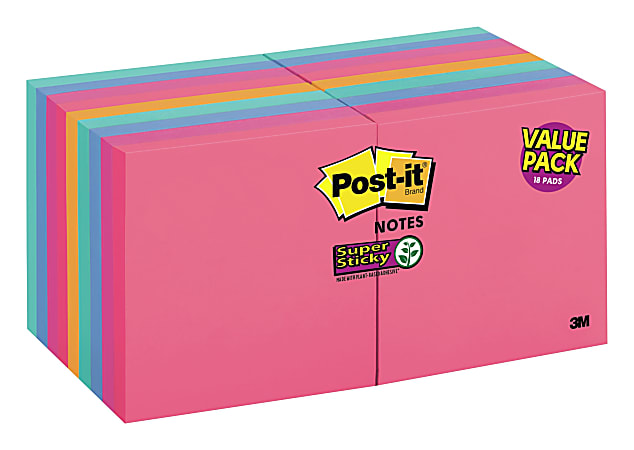 Post it Super Sticky Notes 3 in x 3 in 18 Pads 90 SheetsPad 2x the