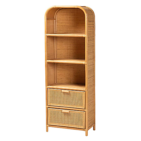 bali & pari Curacao 68"H 3-Shelf 2-Drawer Modern Bohemian Bookcase, Light Honey