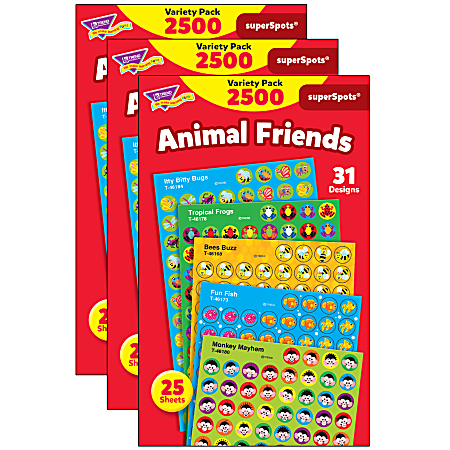 Trend SuperSpots Stickers, Animal Friends, 2,500 Stickers Per Pack, Set Of 3 Packs