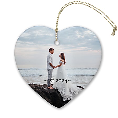 Custom Full Color Photo Ceramic Keepsake Holiday Ornament With Gold Cord, Heart Shape, 3" x 3”