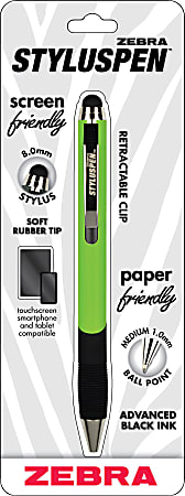 Zebra® STYLUSPEN™ Retractable Stylus Pen With Grip, Medium Point, 1.0 mm, Key Lime Pie Barrel, Black Ink