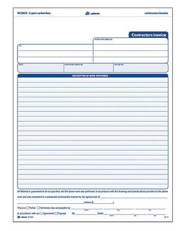 Adams® Carbonless Contractor's Invoices, 3-Part, 100 Sets