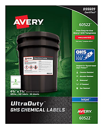 Avery® UltraDuty GHS Chemical Labels For Pigment-Based Inkjet Printers, 60522, 4 3/4" x 7 3/4", White, Pack Of 100