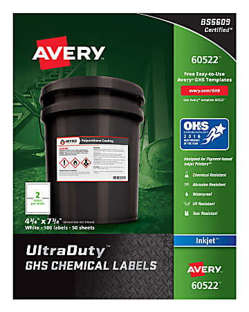 UltraDuty GHS Chemical Waterproof and UV Resistant Labels, 4.75 x 7.75, White, 2/Sheet, 50 Sheets/Pack