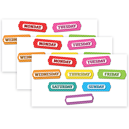 Ashley Productions Magnetic Die-Cut Timesavers & Labels, Days Of The Week, White Polka Dots/Assorted Colors, 8 Pieces Per Pack, Set Of 3 Packs