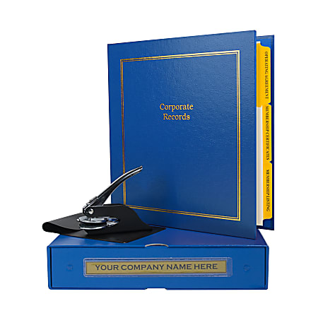 Custom LLC Corporate Kit, 1-1/2" Blue Binder, 20 Blue Stock Certificates, 1-5/8" Corporate Seal Embosser