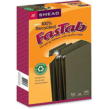 Smead® FasTab® Hanging Folders, Legal Size, 100% Recycled, Standard Green, Box Of 20 Folders