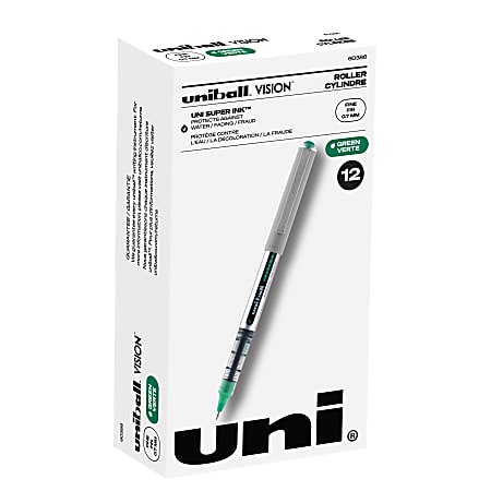 Uni-Ball Vision Rollerball Pens, Pack Of 12, Fine Point, 0.7 mm, Silver Barrel, Green Ink