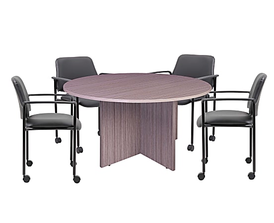 Boss Office Products Round Table And 4 Stackable Guest Chairs Set, Driftwood/Black