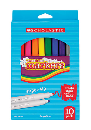 Scholastic Washable Markers, Beveled Tip, Assorted Colors, Pack Of 10