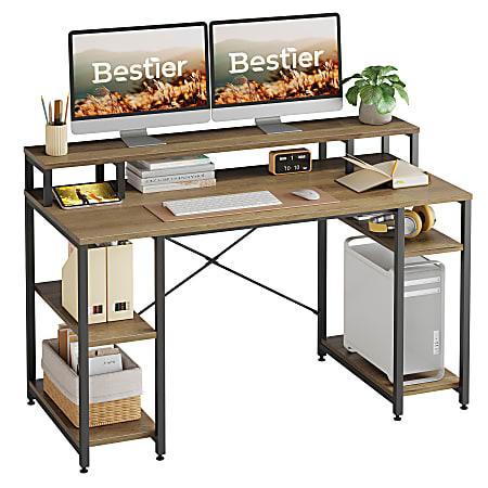 Bestier 56"W Student Desk With Monitor Stand & Storage Shelf, Retro Oak