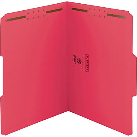 Smead WaterShed®CutLess® Fastener Folders - Letter - 8 1/2" x 11" Sheet Size - 2 x 2K Fastener(s) - 1/3 Tab Cut - Assorted Position Tab Location - 11 pt. Folder Thickness - Red - Recycled - 50 / Box