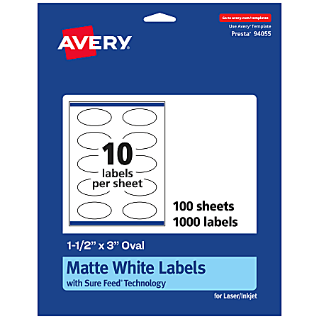Avery® Permanent Labels With Sure Feed®, 94055-WMP100, Oval, 1-1/2" x 3", White, Pack Of 1,000