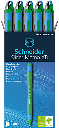 Schneider Slider Memo XB Ballpoint Pens, Extra Bold Point, 1.4 mm, Assorted Barrels, Green Ink, Pack Of 10