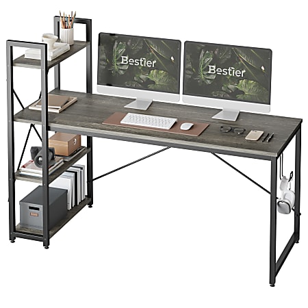 Bestier Modern Office Desk With Storage Shelf & Headset Hook, 63"W, Retro Gray Oak Dark