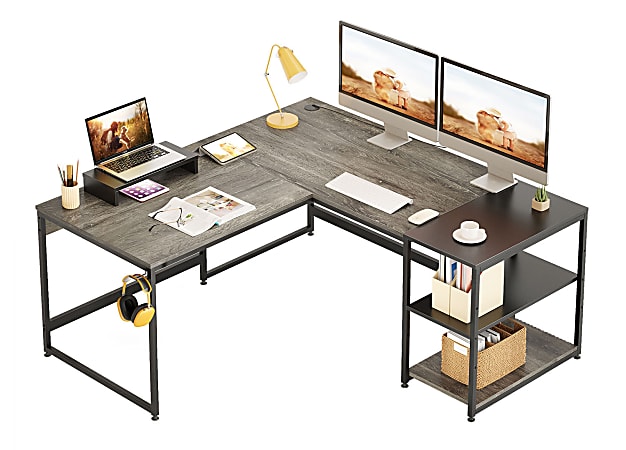 Bestier 59"W L-Shape Color Matching Desk With Monitor Stand & Storage Shelf, Retro Grey Oak-Dark