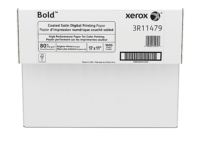 Xerox® Bold Digital™ Coated Satin Printing Paper, Ledger Size (11" x 17"), 94 (U.S.) Brightness, 80 Lb Cover (210 gsm), FSC® Certified, 250 Sheets Per Ream, Case Of 4 Reams