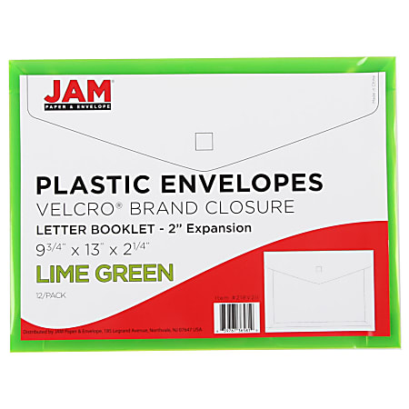 JAM Paper® Plastic Booklet Expansion Envelopes, Letter-Size, 9 3/4" x 13", Lime Green, Pack Of 12