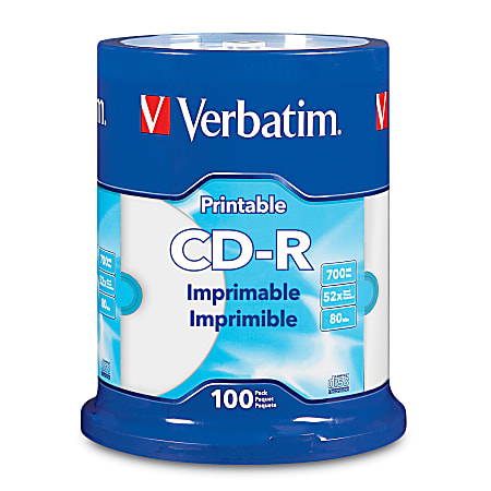 Verbatim® CD-R Printable Disc Spindle, Blue/White, Pack Of 100