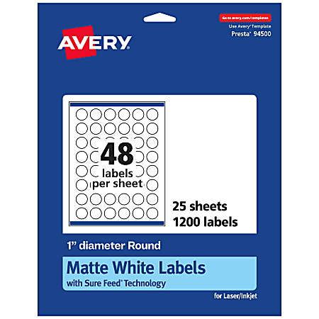 Avery® Permanent Labels With Sure Feed®, 94500-WMP25, Round, 1" Diameter, White, Pack Of 1,200