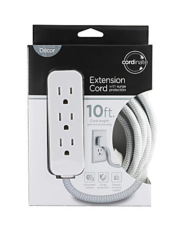 Cordinate Surge 3-Outlet 16 AWG Extension Cord, 10', Gray/White, 37914
