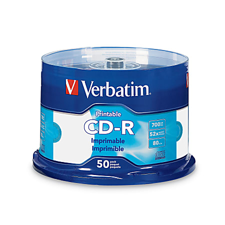 Verbatim® CD-R Printable Disc Spindle, White, Pack Of 50