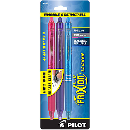 Pilot® FriXion® Clicker Erasable Gel Pens, Fine Point, 0.7 mm, Bright Assorted Barrels, Assorted Ink Colors, Pack Of 3