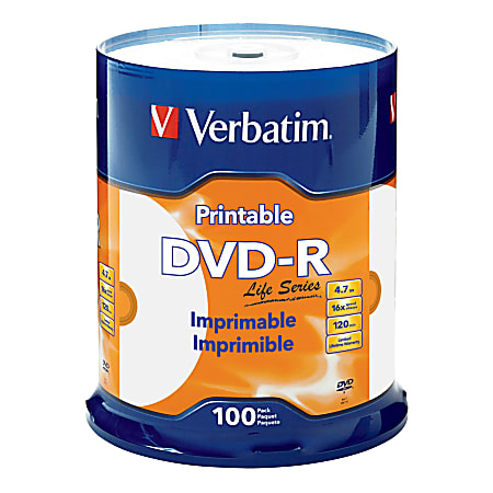 Verbatim DVD-R 4.7GB 16X Life Series White Inkjet Printable, Hub Printable - 100pk Spindle