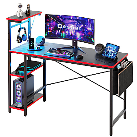 Bestier RGB Gaming Desk With Storage Shelf & Side Pocket, 52"W, Black Carbon Fiber