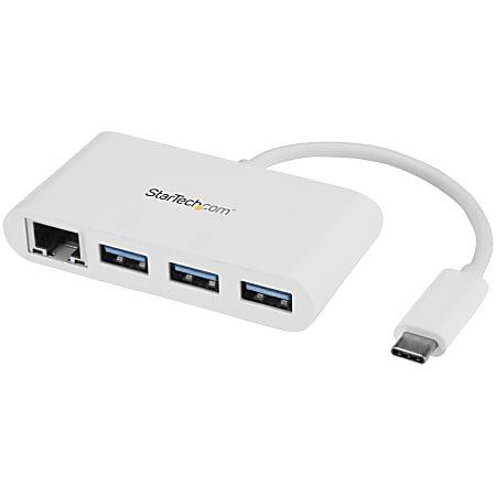 StarTech.com 3 Port USB C Hub with Gigabit Ethernet - USB-C to 3x USB-A - USB 3.0 - White - USB Hub with GbE - HB30C3A1GEA