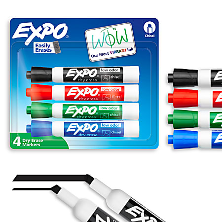 EXPO® Low-Odor Dry-Erase Markers, Chisel Point, Assorted Colors, Pack Of 4 Markers