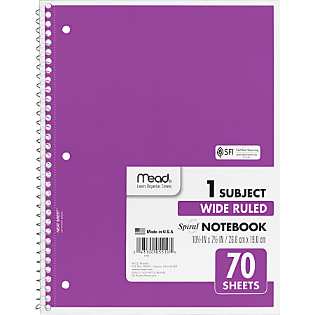 Mead Wide Ruled 1-Subject Notebook - 70 Sheets - Spiral - Wide Ruled - 8" x 10 1/2" - White Paper - Assorted Cover - Hole-punched - 1 Each