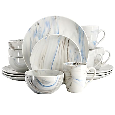 Elama Fine Marble 16-Piece Porcelain Dinnerware Set, Blue/Gray