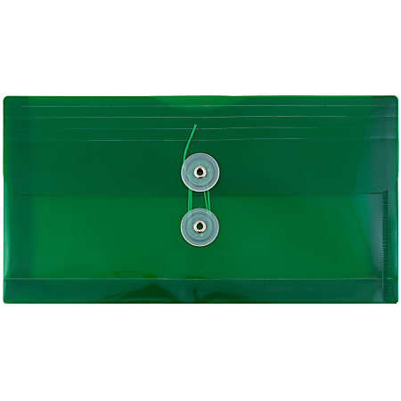 JAM Paper® Booklet Plastic Envelopes, #10, Button & String Closure, Green, Pack Of 12