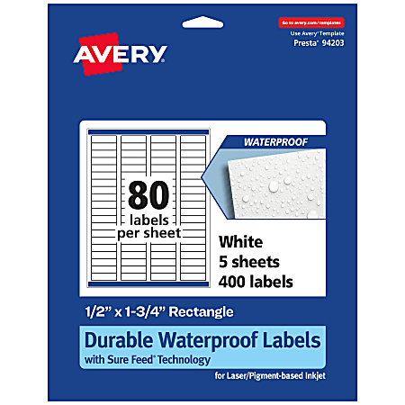 Avery® Waterproof Permanent Labels With Sure Feed®, 94203-WMF5, Rectangle, 1/2" x 1-3/4", White, Pack Of 400