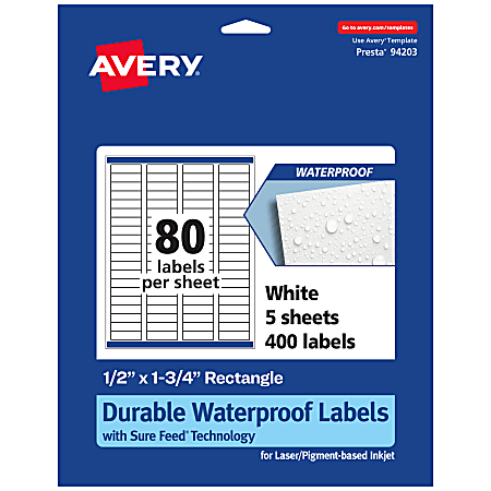 Avery® Waterproof Labels With Sure Feed®, 94203-WMF5, Rectangle,