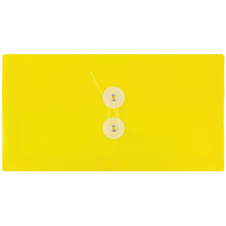 JAM Paper® Booklet Plastic Envelopes, #10, Button & String Closure, Yellow, Pack Of 12