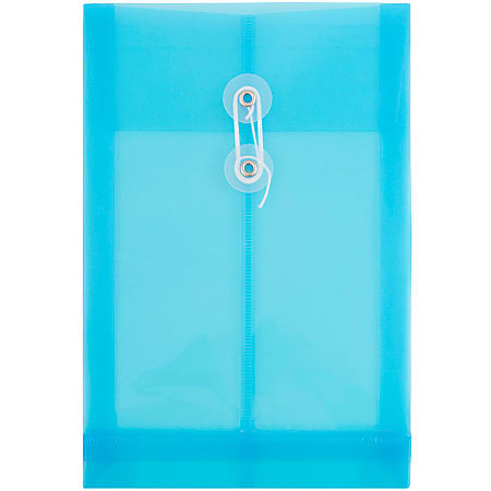 JAM Paper® Open-End Plastic Envelopes, 6 1/4" x 9 1/4", Button & String Closure, Blue, Pack Of 12