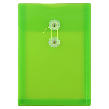 JAM Paper® Open-End Plastic Envelopes, 6 1/4" x 9 1/4", Button & String Closure, Lime Green, Pack Of 12