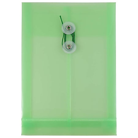 JAM Paper® Open-End Plastic Envelopes, 6 1/4" x 9 1/4", Button & String Closure, Classic Lime Green, Pack Of 12