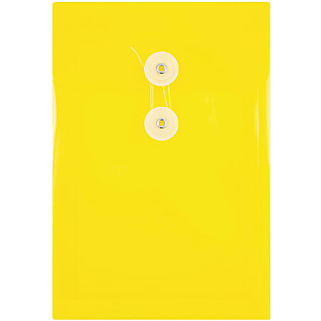 JAM Paper® Open-End Plastic Envelopes, 6 1/4" x 9 1/4", Button & String Closure, Yellow, Pack Of 12