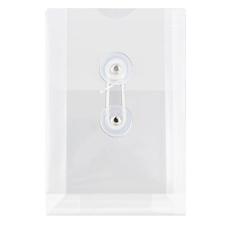 JAM Paper® Index Booklet Plastic Envelopes, 4 1/4" x 6 1/4", Button & String Closure, Clear, Pack Of 12