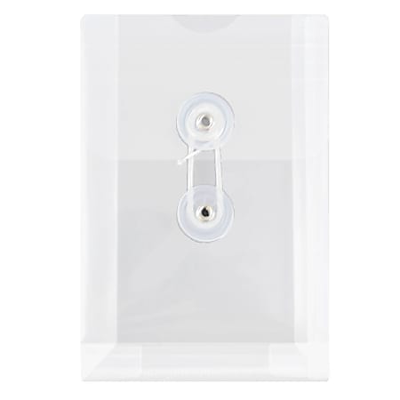 JAM Paper® Index Booklet Plastic Envelopes, 4 1/4" x 6 1/4", Button & String Closure, Clear, Pack Of 12