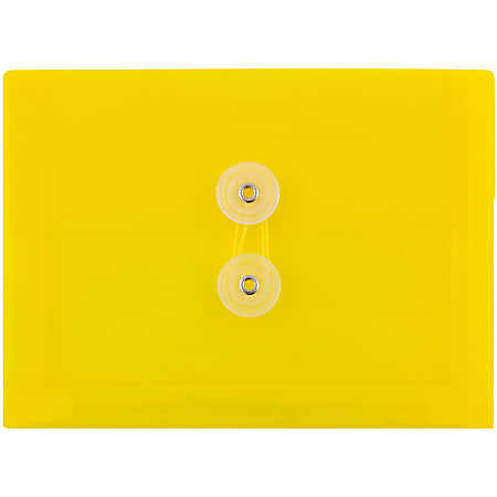 JAM Paper® Index Booklet Plastic Envelopes, 5 1/2" x 7 1/2", Button & String Closure, Yellow, Pack Of 12