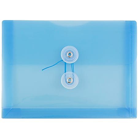 JAM Paper® Index Booklet Plastic Envelopes, 5 1/2" x 7 1/2", Button & String Closure, Blue, Pack Of 12