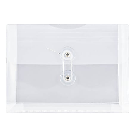 JAM Paper® Index Booklet Plastic Envelopes, 5 1/2" x 7 1/2", Button & String Closure, Clear, Pack Of 12